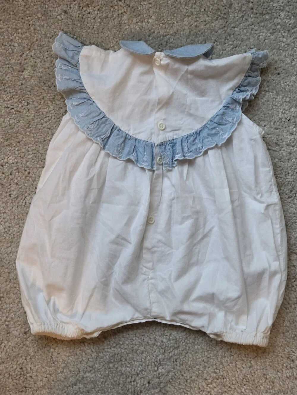 90s Vintage Guess by Marciano White Bubble Romper with Light Blue Ruffle Collar